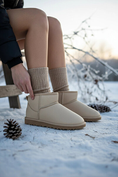 Sivarro Ultra Mini Classic Suede Women's Boots with Fur Inside - Leather Beige