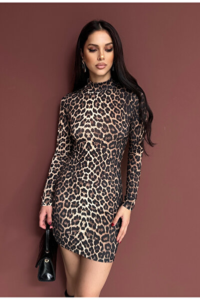 XELA Women's Leopard Print Stand-Up Collar Long Sleeve Mini Dress