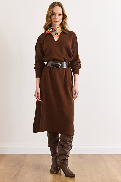 Olalook Women's Bitter Brown Polo Neck Midi Knit Dress Elb-19002582