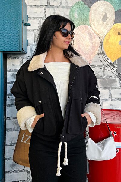 Noa&Noa Plush Detail Denim Coat with Shoulder Epaulettes - Black Black