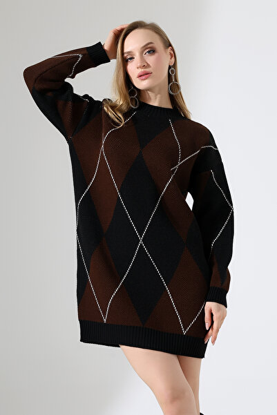 Devinka Women's Crew Neck Baklava Pattern Oversized Knitwear Dress