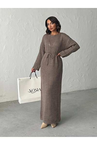 nosia fashion Women's Lined Belted Long Mesh Detailed Dress