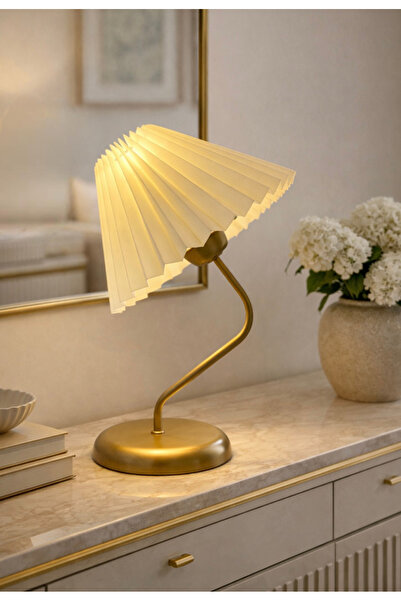 burenze Modern Amalfi İtalyan Tasarım Ekru Kumaş Abajur Eskitme Gold Gövde Ma...