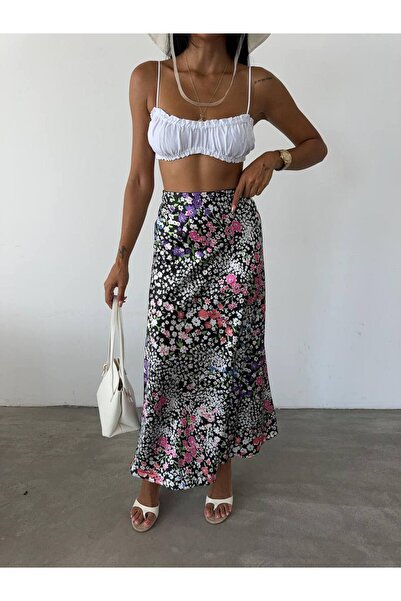 Fiori Luxury Quality Maxi Length Long Satin Skirt with Elastic Waist