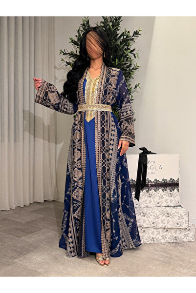 salsa-dresses Elegant two-piece jalabiya in navy blue with computer embroidery