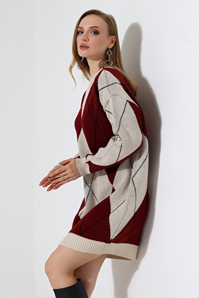 Devinka Women's Crew Neck Baklava Pattern Oversized Knitwear Dress