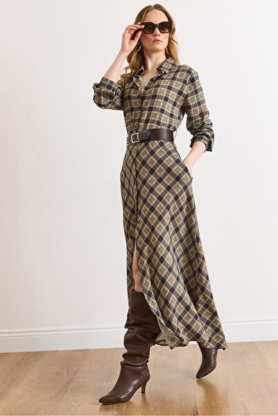 Olalook Women's Green Pocket Belted Plaid Polyviscon Maxi Flowy Dress Elb-190...