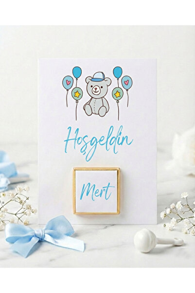 Runrux Kişiye Özel İsimli Erkek Bebek Çikolatası 20 Adet - Mavi Ayıcıklı 9x12...