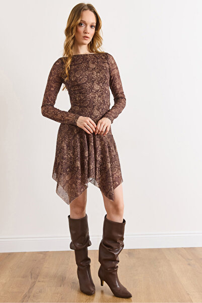 Olalook Women's Brown Shawl Pattern Asymmetrical Lined Tulle Dress Elb-19002585