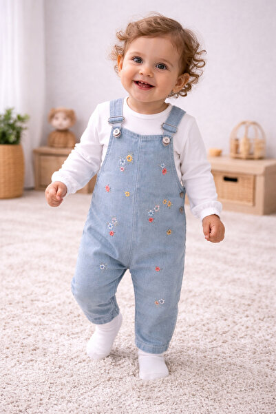 MYZİ STORE Baby Girl 2-Piece Salopet Set 100% Cotton Long Sleeve Floral Embro...