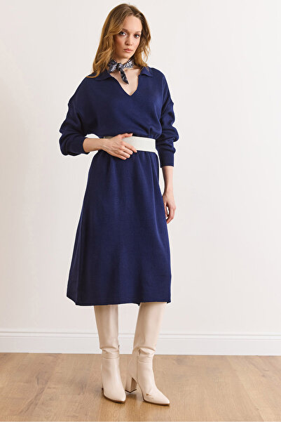 Olalook Women's Navy Blue Polo Neck Midi Knit Dress Elb-19002582