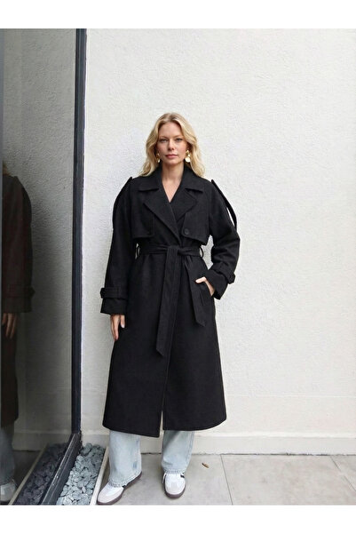 NEW JOURNAL Women's Black Epaulet Detail Belted Oversized Long Cashmere Coat ...