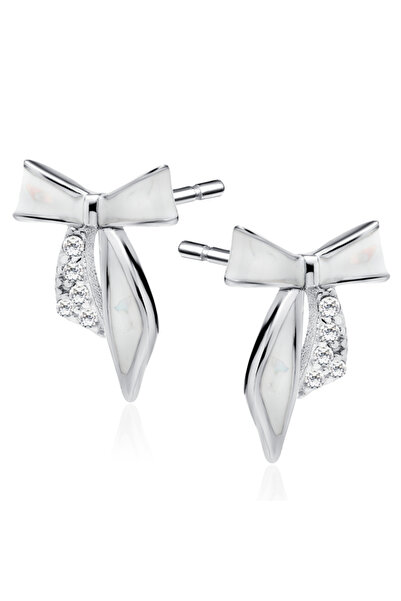 BB Silver Earrings 925, Bow Model with Mother of Pearl and White Zirconia