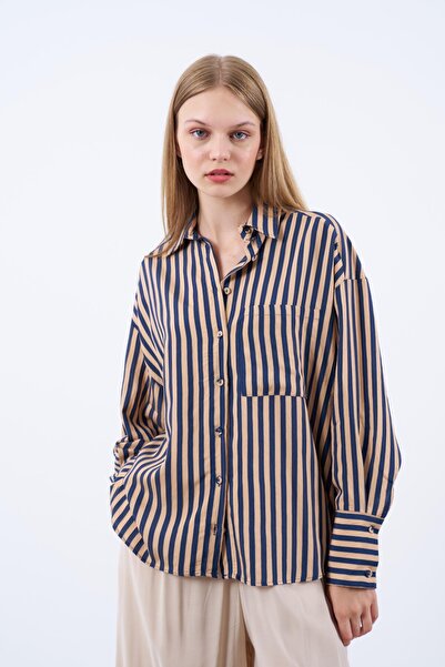 NEW JOURNAL قميص نسائي مخطط باللون الأزرق الداكن PER4969