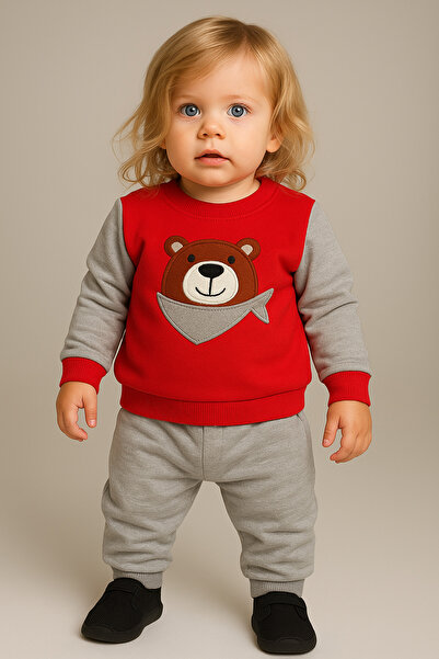 Bebelul 100% Cotton T-shirt and Pants Set with Gules Teddy Bear - Red