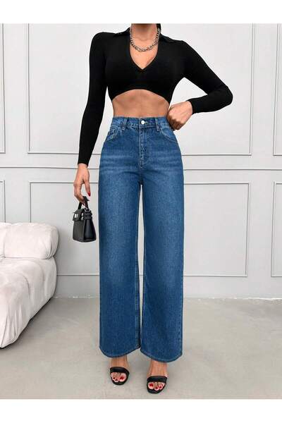 SİNGBADA Yüksek Bel Palazzo Kesim Jean - Orta Mavi Geniş Paça Denim Pantolon