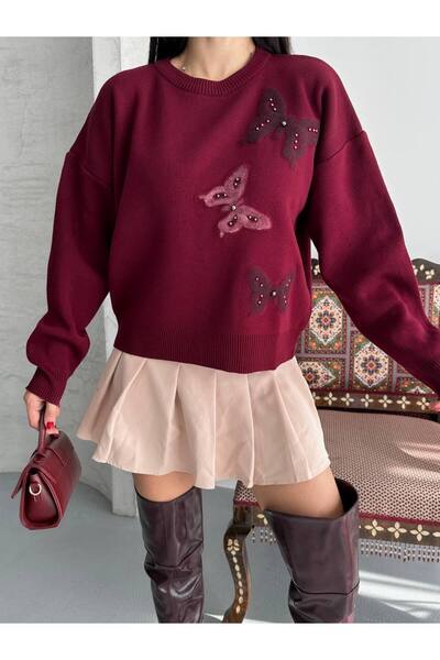 Koçer Triko Butterfly Detailed Burgundy Knitwear Sweater – Stylish Design wit...