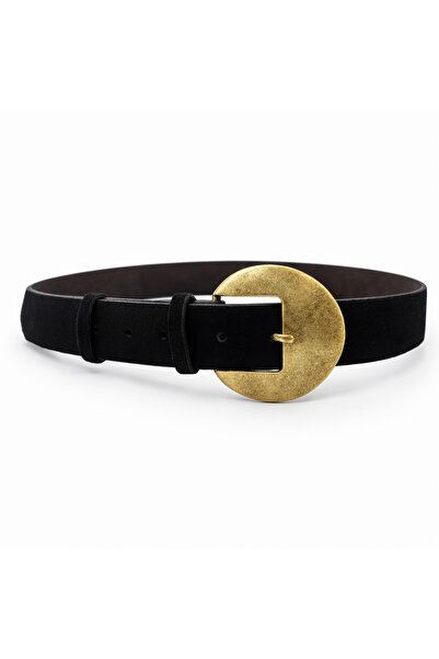 DAYMA Women's Suede Belt – Oval Antique Gold Buckle – 4.5 cm Width