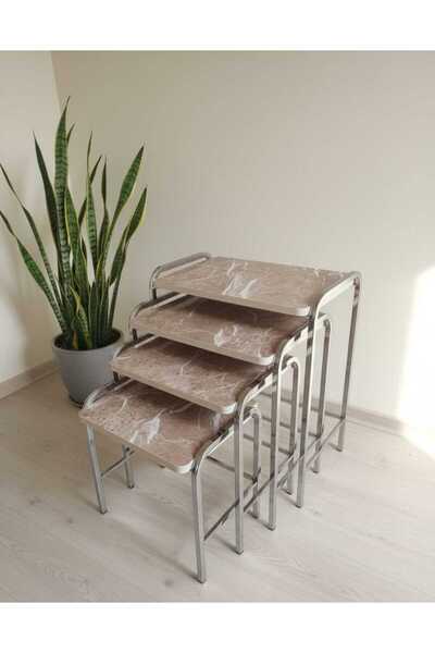 Can Vista Home Kahve Mermer Desenli Krom Metal Ayaklı 4'lü Dikdörtgen Zigon S...