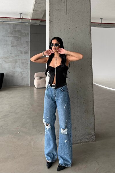 R-Style DENİM LOW WAİST YIRTIK PANTOLON