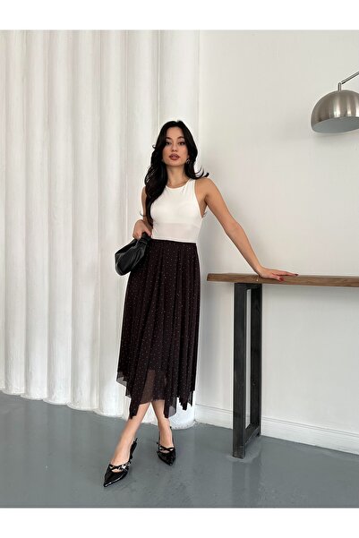 LE CARAMBOLE Women's Black Stone Detailed Asymmetrical Tulle Skirt