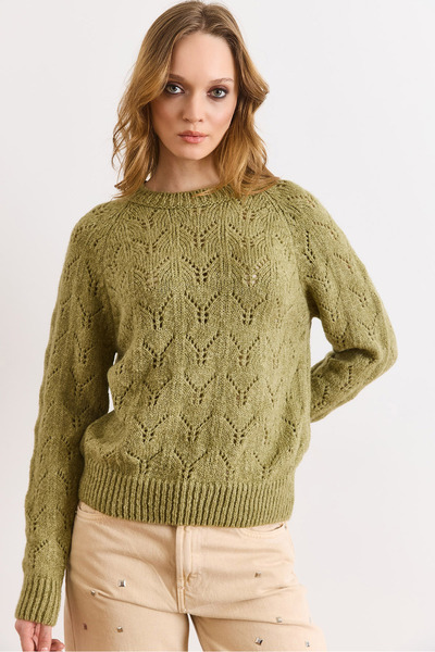 Olalook Women's Light Khaki Lace-Like Knit Soft Textured Knitwear Sweater Kzk...
