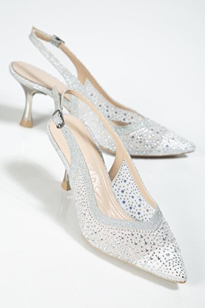 ALTIN TOPUK Pantofi de seară cu toc cu pietre aplicate din plasă argintie pen...