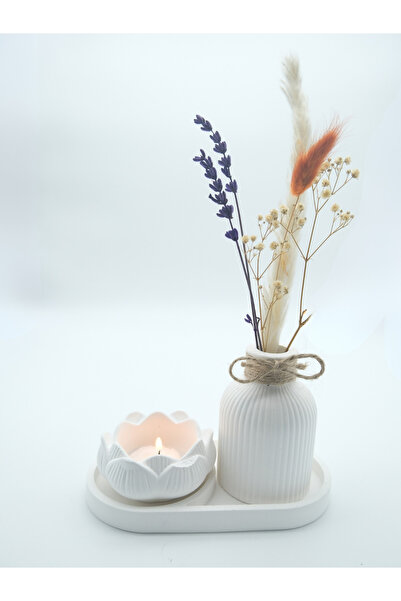 ATEŞLER HEDİYELİK طقم مزهرية وحامل شموع مزخرف بالخطوط الصغيرة باللون الأبيض