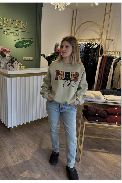 Greenboutique سويت شيرت باريس بطباعة مفصلة من الداخل مبطن بالصوف Çağla