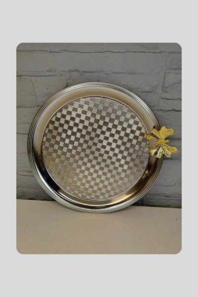 akdenizhome Lüks Yuvarlak Kelebek Detaylı Gümüş Sunum(Çay,kahve,meşrubat) Tep...