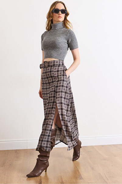 Olalook Women's Gray Belt Detailed Pocketed Slit Polyviscon Flowy Skirt Etk-1...