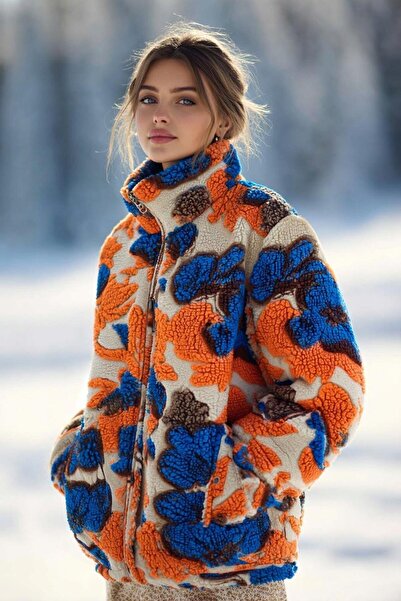 LAGRANZE Women's Floral Patterned Hooded Teddy Plush Short Coat