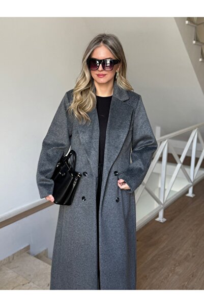 2she Double-Breasted Collar Long Wool Coat - Gray