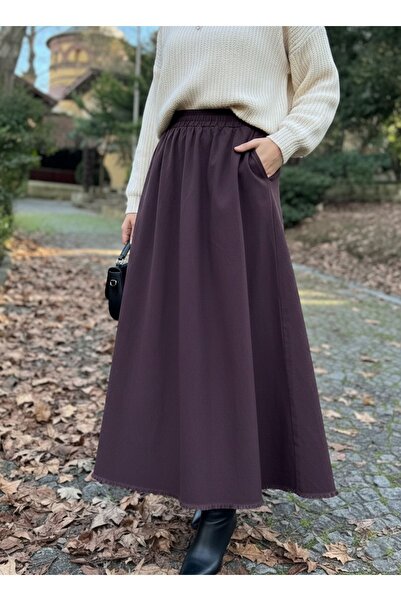 Foremia Pocketed Elastic Waist Skirt-Burgundy