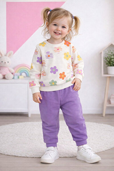 nazarbebe طقم سويت شيرت وبنطلون رياضي وردي منقوش عليه زهور للفتيات الصغيرات (...