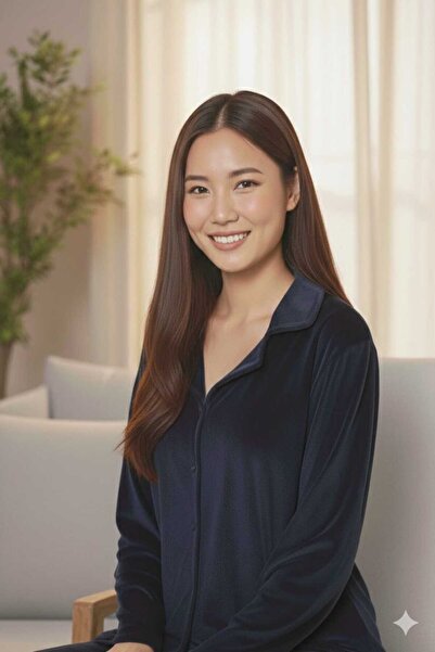 Asel Navy Blue Color Buttoned Women's Velvet Pajama Set