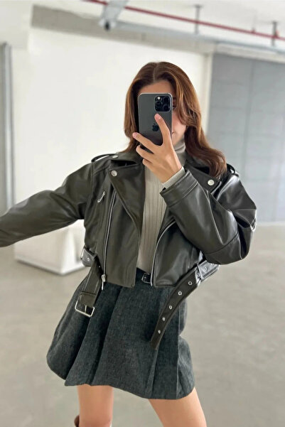 My Blog Khaki Distressed Cropped Leather Jacket - 7132