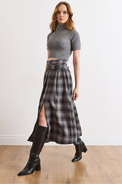 Olalook Fusta cu fantă în carouri antracit cu pliuri și cataramă dublă pentru...