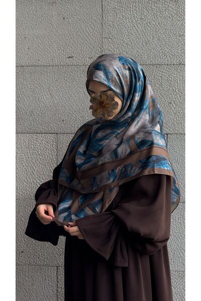 Qalortex Scarf Pamuklu Soft Fırça Desen Eşarp-Petrol/Kahve