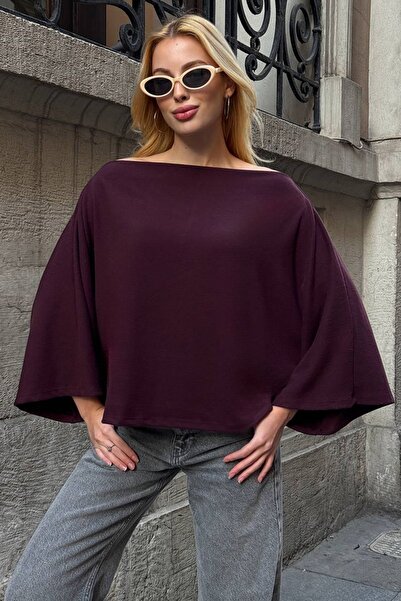 Trend Alaçatı Stili Women's Burgundy Boat Neck Cape Cut Knitted Blouse Alc-X1...