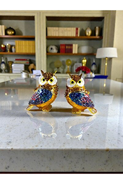 U&M GİFT Dekoratif 2’li Baykuş Biblo Seti 6,5×6 cm (Taşlı Gold Renk)