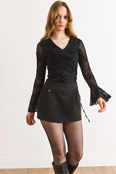 Olalook Дамска черна пола с шнур и цип ETK-19000390