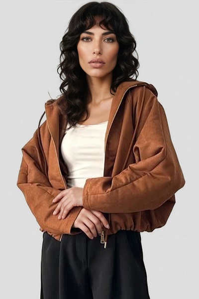 Trend Alaçatı Stili Women's Tan Hooded Elastic Waist Bomber Jacket Alc-X15029