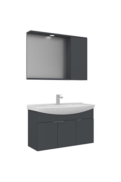 ORKA Banyo Dolabı Purus 80 Cm Asma Banyo Dolabı Takımı Antrasit (Spot Aynalı)