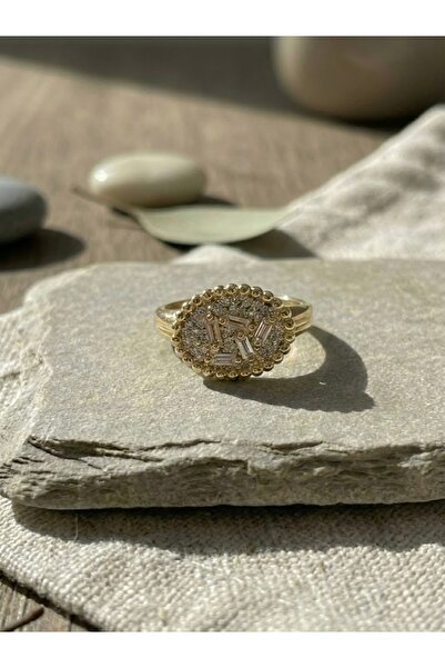 shesra Mengüer 14 Ayar Altın Kaplama Çelik Baget Taşlı Vintage Oval Tasarım Y...