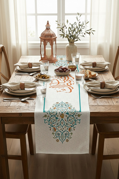 Cango Home Mavi Turuncu Motifli Ramazan Temalı Dijital Baskılı Runner 4kMBS332-RN
