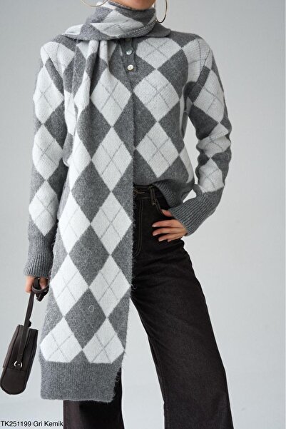 Lupies Kadın Gri Baklava Desen Atkılı Triko Hırka