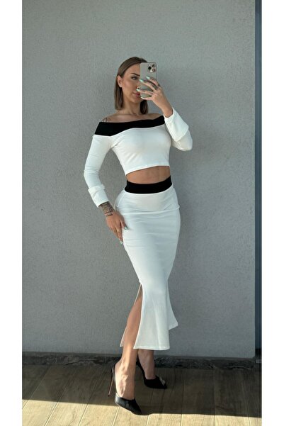 Fav Style Women's Madonna Collar Long Sleeve Crop Blouse and Slit Midi Skirt ...