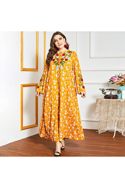 FridayIn Female Sweet Round neck Flowers Loose Plus size dress Yellow