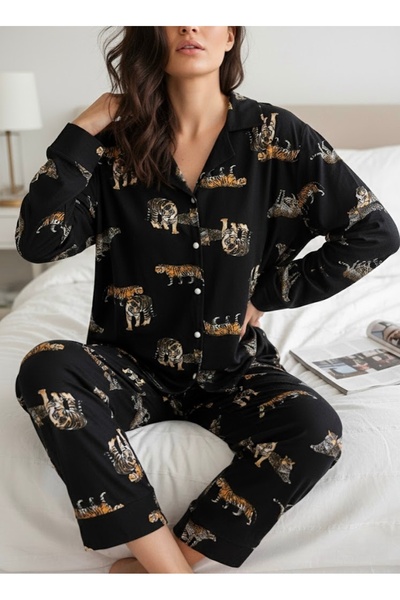 WALJA Süet Kumaş Kaplan Desenli Düğmeli Uzun Kollu Kadın Pijama Takımı